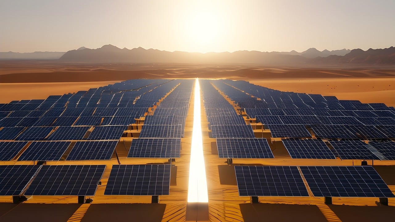 Aerial View of Large Solar Power Plant in Open Landscape