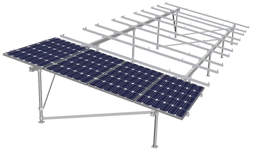 Ground-mounted solar panel structure showing metal support frame and installed photovoltaic modules.