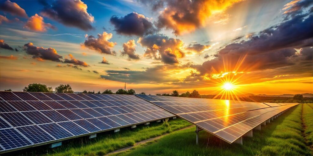 Solar panels in a large field with a bright sunset, generating clean renewable energy.