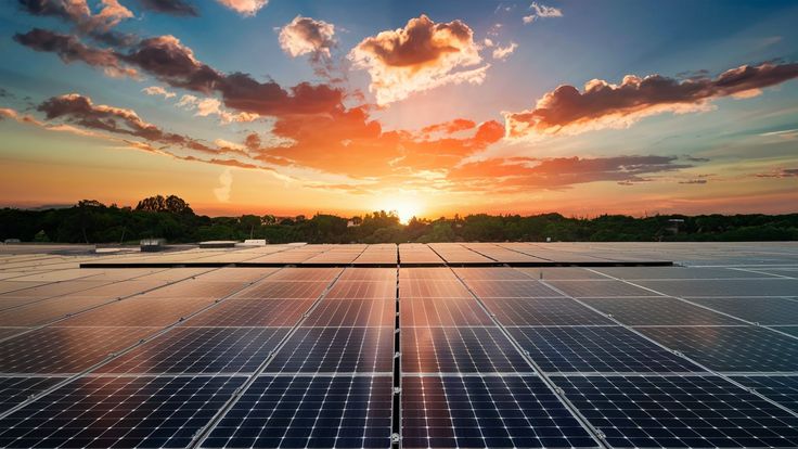 Rooftop solar panels reflecting sunlight during a bright sunset with clouds and greenery in the background.