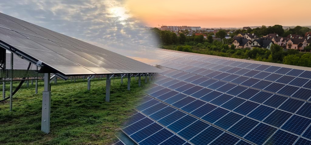 Side-by-side view showing ground-mounted solar panels and rooftop solar panels in different locations during sunset.
