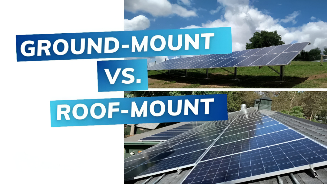 Comparison image showing ground-mounted solar panels on the left and rooftop solar panels on the right under a clear sky.