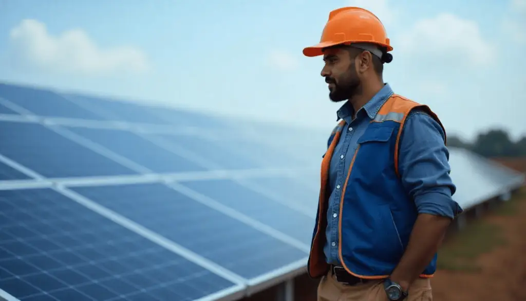Solar site engineer standing near solar panels during project inspection