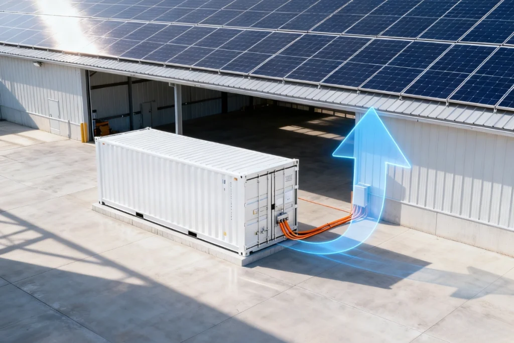 Battery energy storage system connected to rooftop solar panels at an industrial facility