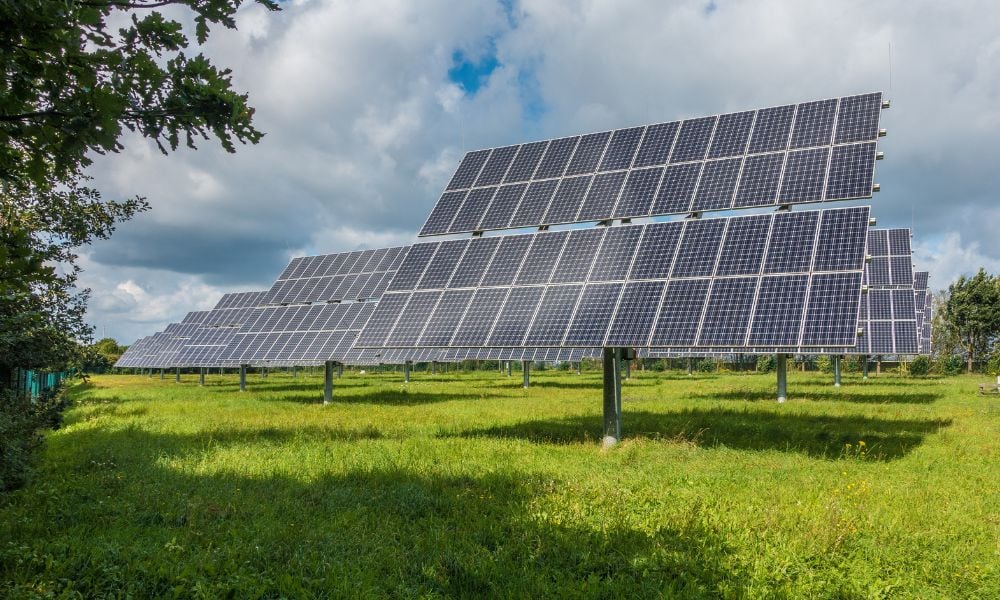 Ground mounted solar panels installed on open land generating electricity