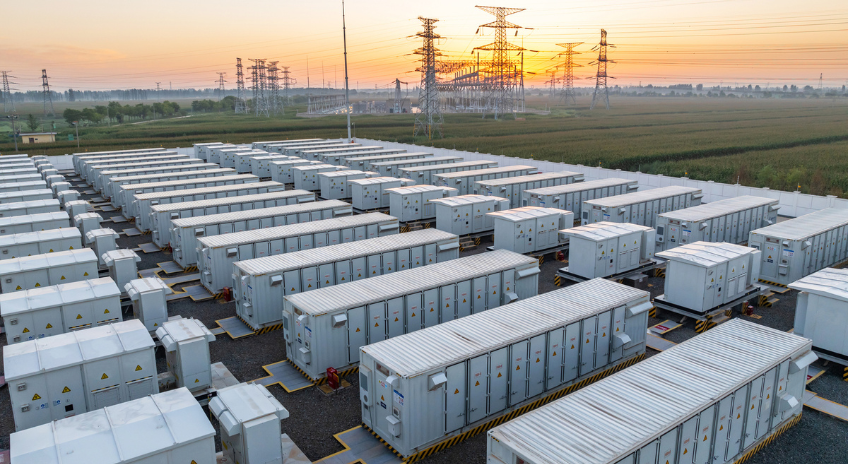 Grid scale battery energy storage units installed near a solar power plant
