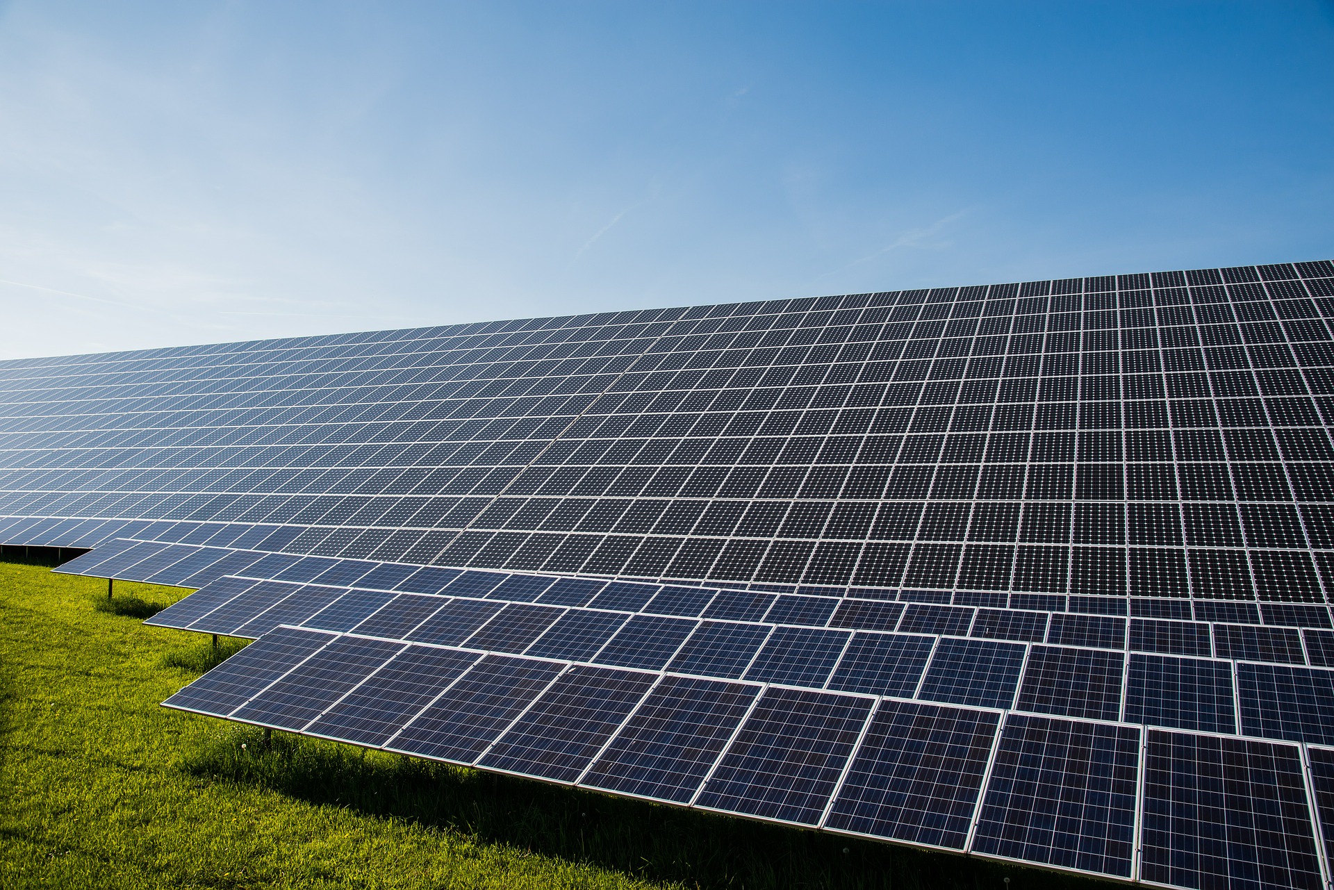 Ground mounted solar panels arranged in rows on open land