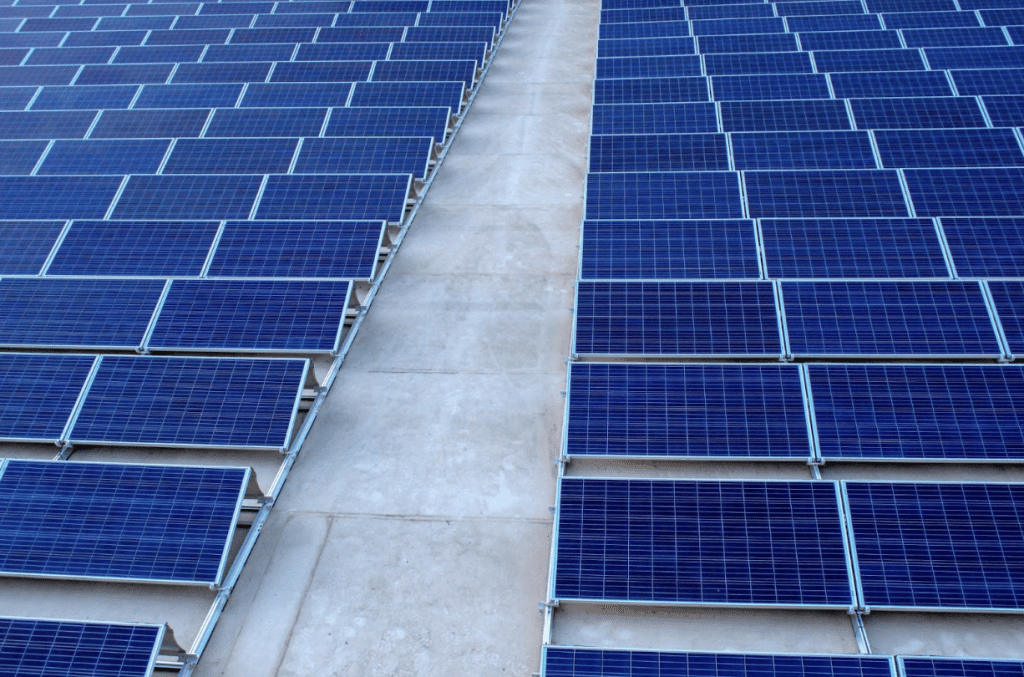 Rows of ground mounted solar panels with access pathway in a solar power plant