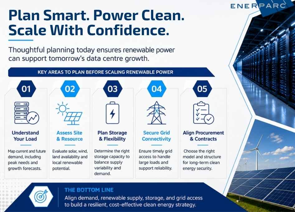 Renewable power planning for data centres with grid access and future AI demand