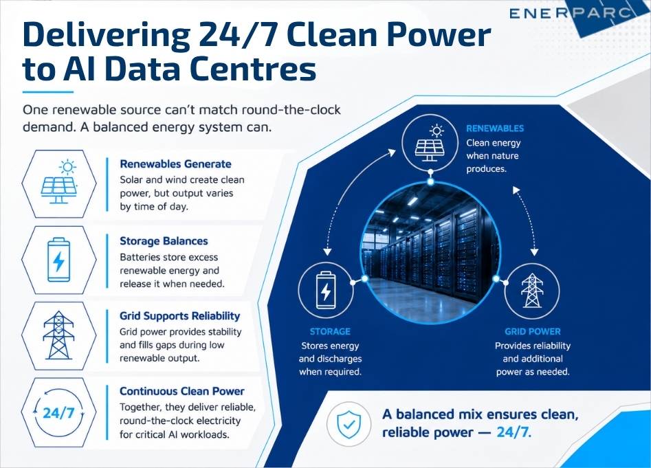 Renewable energy and battery storage providing 24/7 power for AI data centres